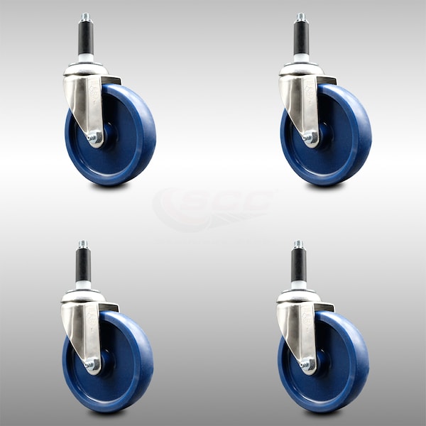 5 Inch 316SS Solid Polyurethane Swivel 7/8 Inch Expanding Stem Caster Set SCC